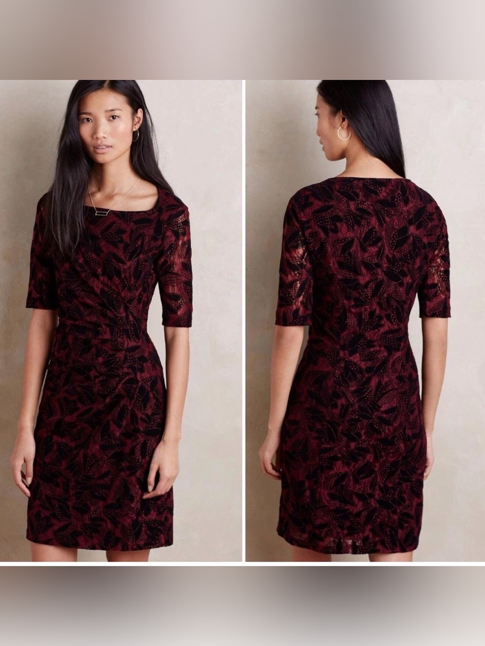 Women’s Anthropologie Maeve Elorn Burgundy Floral Black Lace Ruched Dress Sz 10